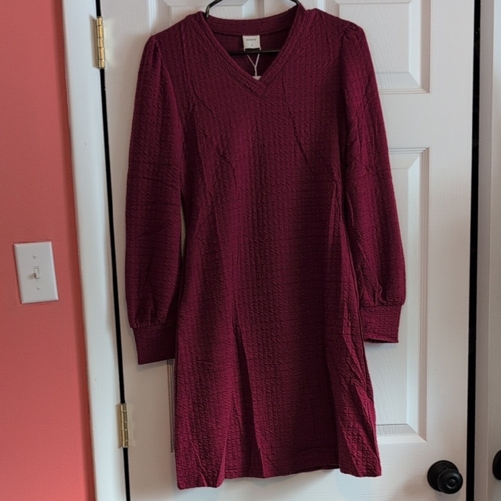 Women's Long Sleeve Maroon Burgundy V-neck Dress